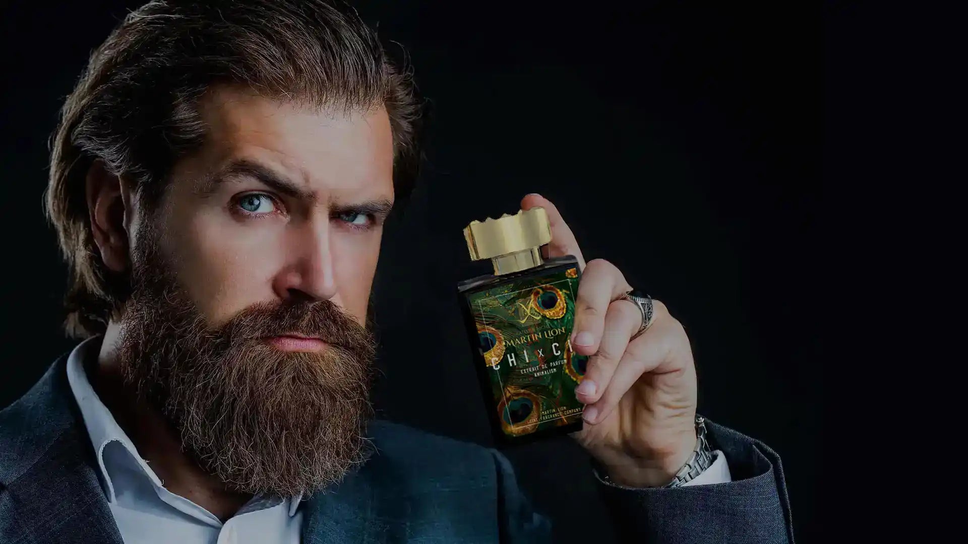 Man holding a bottle of 'Martin Lion Perfume' cologne against a dark background